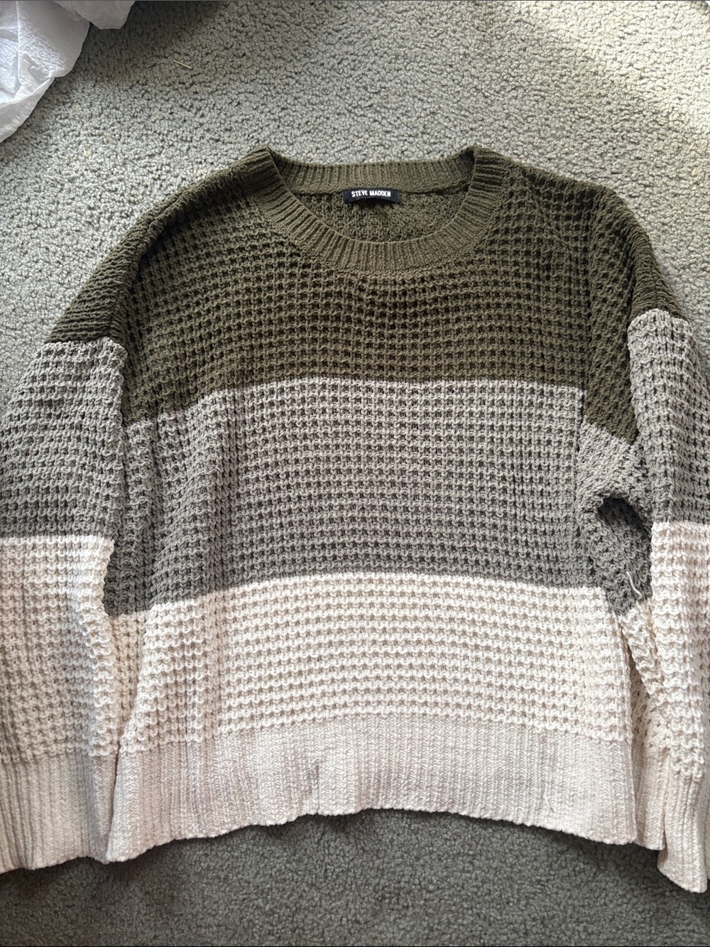 Steve Madden Olive, Gray & Cream Colorblock Waffle Knit Sweater
